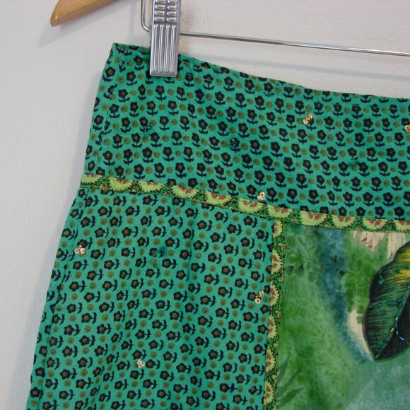 Green Floral Summer Midi Skirt Sequins Beads Cotton Made in France Size Medium - Picture 6 of 13